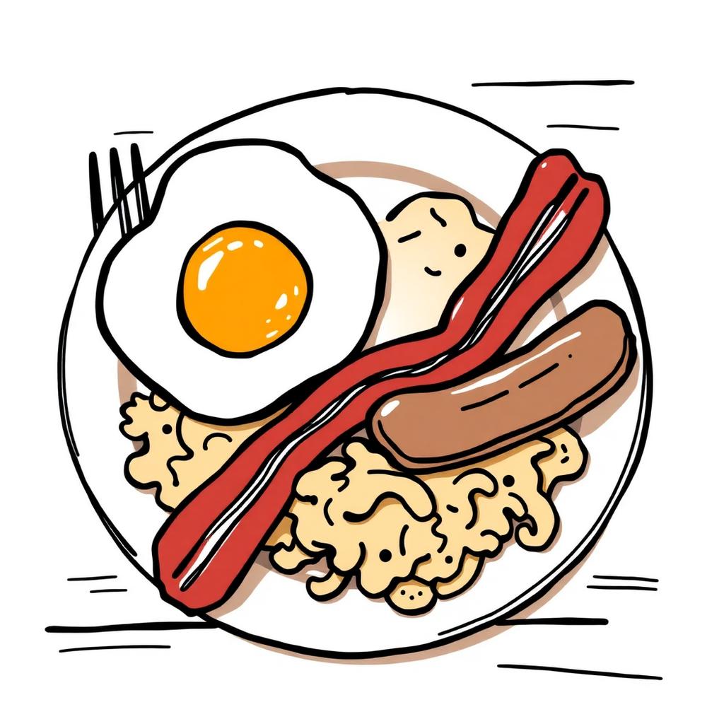 Cartoon breakfast plate with eggs, bacon, sausage and hash browns