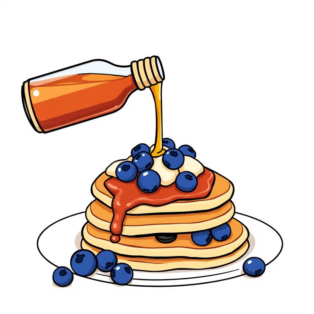 Cartoon syrup pouring over blueberry pancakes